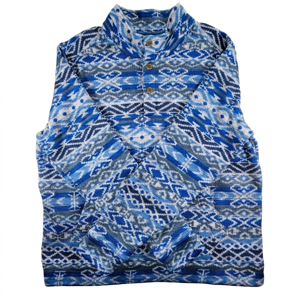 Sherpa Adventure Gear Bhutan Knit Pullover Men XL Blue Geometric 1/4 Button Gorp
